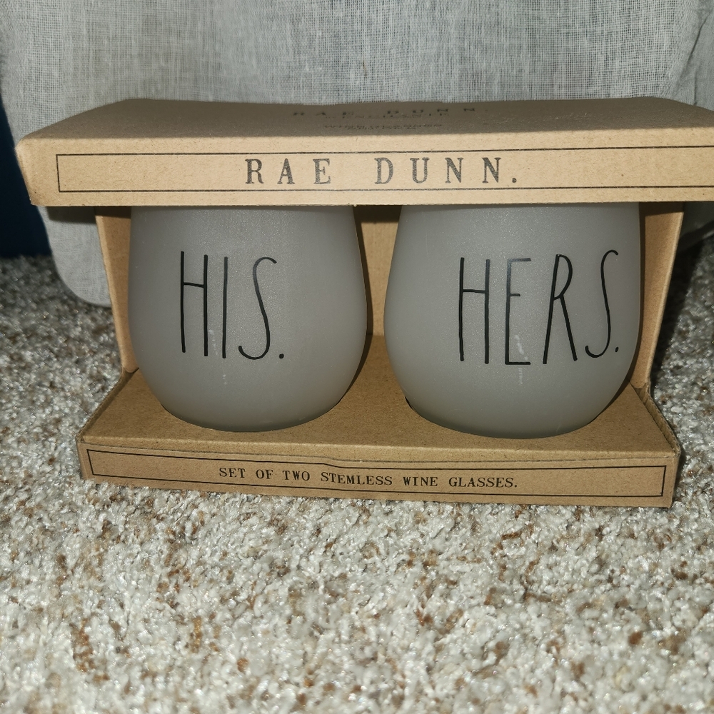 HIS HERS Rae Dunn Stemless Glasses , Brand New , Never Opened / used